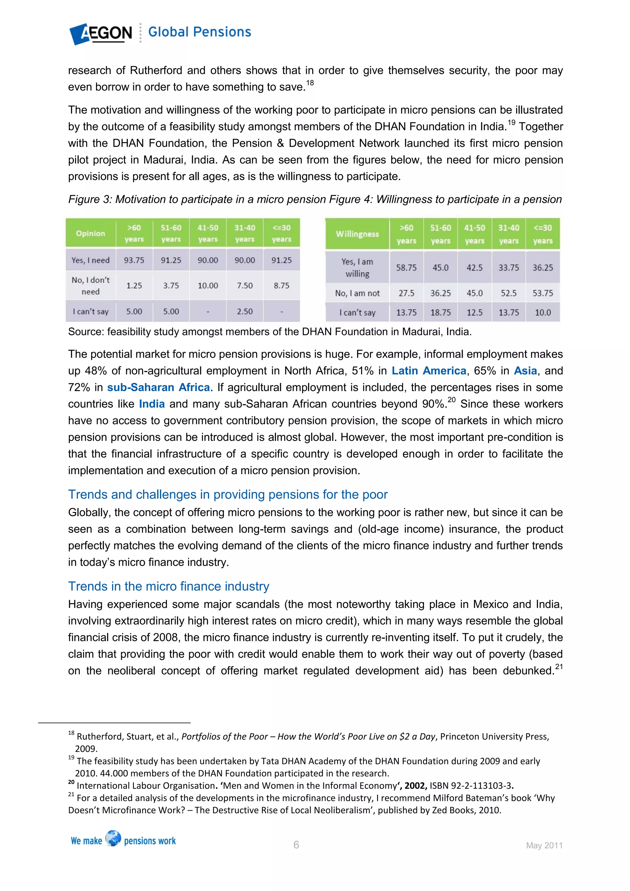 research of Rutherford and others shows that in order to give themselves security, the poor may
even borrow in order to have something to save.18

The motivation and willingness of the working poor to participate in micro pensions can be illustrated
by the outcome of a feasibility study amongst members of the DHAN Foundation in India.19 Together
with the DHAN Foundation, the Pension & Development Network launched its first micro pension
pilot project in Madurai, India. As can be seen from the figures below, the need for micro pension
provisions is present for all ages, as is the willingness to participate.

Figure 3: Motivation to participate in a micro pension Figure 4: Willingness to participate in a pension




Source: feasibility study amongst members of the DHAN Foundation in Madurai, India.

The potential market for micro pension provisions is huge. For example, informal employment makes
up 48% of non-agricultural employment in North Africa, 51% in Latin America, 65% in Asia, and
72% in sub-Saharan Africa. If agricultural employment is included, the percentages rises in some
countries like India and many sub-Saharan African countries beyond 90%.20 Since these workers
have no access to government contributory pension provision, the scope of markets in which micro
pension provisions can be introduced is almost global. However, the most important pre-condition is
that the financial infrastructure of a specific country is developed enough in order to facilitate the
implementation and execution of a micro pension provision.

Trends and challenges in providing pensions for the poor
Globally, the concept of offering micro pensions to the working poor is rather new, but since it can be
seen as a combination between long-term savings and (old-age income) insurance, the product
perfectly matches the evolving demand of the clients of the micro finance industry and further trends
in today’s micro finance industry.

Trends in the micro finance industry
Having experienced some major scandals (the most noteworthy taking place in Mexico and India,
involving extraordinarily high interest rates on micro credit), which in many ways resemble the global
financial crisis of 2008, the micro finance industry is currently re-inventing itself. To put it crudely, the
claim that providing the poor with credit would enable them to work their way out of poverty (based
on the neoliberal concept of offering market regulated development aid) has been debunked. 21




18
   Rutherford, Stuart, et al., Portfolios of the Poor – How the World’s Poor Live on $2 a Day, Princeton University Press,
   2009.
19
   The feasibility study has been undertaken by Tata DHAN Academy of the DHAN Foundation during 2009 and early
   2010. 44.000 members of the DHAN Foundation participated in the research.
20
   International Labour Organisation. ‘Men and Women in the Informal Economy‘, 2002, ISBN 92-2-113103-3.
21
   For a detailed analysis of the developments in the microfinance industry, I recommend Milford Bateman’s book ‘Why
Doesn’t Microfinance Work? – The Destructive Rise of Local Neoliberalism’, published by Zed Books, 2010.


                                                        6                                                         May 2011
 