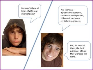 But aren’t there all
kinds of different
microphones?
Yes, there are –
dynamic microphones,
condenser microphones,
ribbon microphones,
crystal microphones…
But, for most of
them, the basic
principles of how
they work are the
same.
 