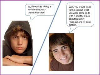 So, if I wanted to buy a
microphone, what
should I look for?
Well, you would want
to think about what
you were going to do
with it and then look
at its frequency
response and its polar
pattern.
 
