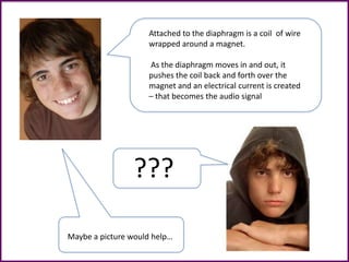 Attached to the diaphragm is a coil of wire
wrapped around a magnet.
As the diaphragm moves in and out, it
pushes the coil back and forth over the
magnet and an electrical current is created
– that becomes the audio signal
???
Maybe a picture would help…
 