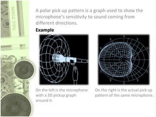 A polar pick up pattern is a graph used to show the
microphone’s sensitivity to sound coming from
different directions.
Example

 