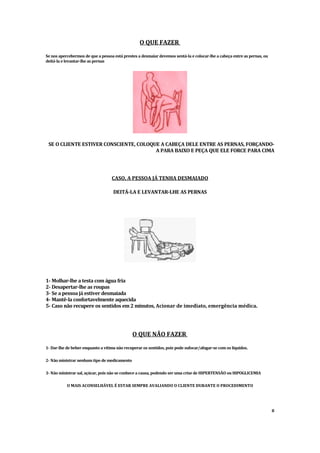 O QUE FAZER
Se nos apercebermos de que a pessoa está prestes a desmaiar devemos sentá-la e colocar-lhe a cabeça entre as pernas, ou
deitá-la e levantar-lhe as pernas
SE O CLIENTE ESTIVER CONSCIENTE, COLOQUE A CABEÇA DELE ENTRE AS PERNAS, FORÇANDO-
A PARA BAIXO E PEÇA QUE ELE FORCE PARA CIMA
CASO, A PESSOA JÁ TENHA DESMAIADO
DEITÁ-LA E LEVANTAR-LHE AS PERNAS
1- Molhar-lhe a testa com água fria
2- Desapertar-lhe as roupas
3- Se a pessoa já estiver desmaiada
4- Mantê-la confortavelmente aquecida
5- Caso não recupere os sentidos em 2 minutos, Acionar de imediato, emergência médica.
O QUE NÃO FAZER
1- Dar-lhe de beber enquanto a vitima não recuperar os sentidos, pois pode sufocar/afogar-se com os líquidos.
2- Não ministrar nenhum tipo de medicamento
3- Não ministrar sal, açúcar, pois não se conhece a causa, podendo ser uma crise de HIPERTENSÃO ou HIPOGLICEMIA
O MAIS ACONSELHÁVEL É ESTAR SEMPRE AVALIANDO O CLIENTE DURANTE O PROCEDIMENTO
8
 