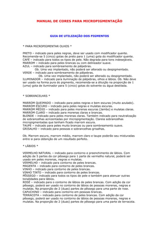 MANUAL DE CORES PARA MICROPIGMENTAÇÃO 
GUIA DE UTILIZAÇÃO DOS PIGMENTOS 
* PARA MICROPIGMENTAR OLHOS * 
PRETO – indicado para peles negras, deve ser usado com modificador quente. 
Recomenda-se 5 (cinco) gotas de preto para 1 (uma) gota do modificador quente. 
CAFÉ – indicado para todos os tipos de pele. Não degrada para tons indesejáveis. 
MARROM – indicado para peles brancas ou com delineador suave. 
AZUL – indicado para sombreamento de pálpebras. 
Ob. Uma vez implantado, não poderá ser alterado ou despigmentado. 
VERDE – indicado para sombreamento de pálpebras. 
Ob. Uma vez implantado, não poderá ser alterado ou despigmentado. 
ILUMINADOR – indicado para iluminação de pálpebras, olhos e lábios. Ob. Não deve 
ser usado na forma pura do pigmento, recomenda-se a diluição na proporção de 1 
(uma) gota de iluminador para 5 (cinco) gotas do solvente ou água destilada. 
* SOBRANCELHAS * 
MARROM QUEIMADO – indicado para peles negras e bem escuras (muito azulado). 
MARROM ESCURO – indicado para peles negras e mulatas escuras. 
MARROM MÉDIO – indicado para peles morenas escuras (Jambo) e mulatas claras. 
MARROM CLARO – indicado para morenas claras e brancas. 
BLONDE – indicado para peles morenas claras. Também indicado para neutralização 
de sobrancelhas acinzentadas por micropigmentação. Clareia sobrancelhas 
micropigmentadas que tenham ficado marrom escura. 
TAUPE – indicado para peles muito brancas ou para sombreamento suave. 
GRISALHO – indicado para pessoas e sobrancelhas grisalhas. 
Ob. Marrom escuro, marrom médio, marrom claro e taupe poderão seu misturadas 
entre si para obtenção de um resultado perfeito. 
* LÁBIOS * 
VERMELHO NATURAL – indicado para contorno e preenchimento de lábios. Com 
adição de 5 partes da cor pêssego para 1 parte de vermelho natural, poderá ser 
usado em peles morenas, negras e mulatas. 
VERMELHO – indicado para contorno de peles brancas. 
MAGENTA – indicado para contorno de peles brancas. 
VINHO – indicado para contorno de peles brancas. 
VINHO TINTO – indicado para contorno de peles brancas. 
PÊSSEGO – indicado para todos os tipos de pele e também para atenuar outras 
tonalidades para lábios. 
ROSÉ – indicado para o contorno de lábios de peles brancas. Com adição da cor 
pêssego, poderá ser usado no contorno de lábios de pessoas morenas, negras e 
mulatas. Na proporção de 2 (duas) partes de pêssego para uma parte de rose. 
CAPUCHINO – indicado para contorno em pessoas brancas. 
TERRACOTA – indicado para contorno de peles brancas. Com adição da cor 
pêssego, poderá ser usado no contorno de lábios de pessoas morenas, negras e 
mulatas. Na proporção de 2 (duas) partes de pêssego para uma parte de terracota. 
 