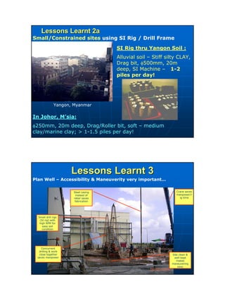 17
Lessons Learnt 2aLessons Learnt 2a
Small/Constrained sites using SI Rig / Drill Frame
Yangon, Myanmar
SI Rig thru Yangon Soil :
Alluvial soil – Stiff silty CLAY,
Drag bit, φ500mm, 20m
deep, SI Machine – 1-2
piles per day!
In Johor, M’sia:
φ250mm, 20m deep, Drag/Roller bit, soft – medium
clay/marine clay; > 1-1.5 piles per day!
Lessons Learnt 3Lessons Learnt 3
Plan Well – Accessibility & Maneuverity very important…
Crane saves
manpower/r
ig time
Steel casing
instead of
rebar saves
fabrication
Site clean &
well-kept
makes
maneuvering
easy
Small drill rigs
(SI rig) with
high RPM for
easy soil
condition
Concurrent
drilling & work
close together
saves manpower
 