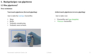 Instrumentele Analytische Chemie: Lab 2 Chemie 11
1. Basisprincipes van pipetteren
1.3 Hoe pipetteren?
Twee technieken
Voorwaarts pipetteren (forward pipetting) Achterwaarts pipetteren (reverse pipetting)
• Water
• Buffer
• Verdunde zoutoplossing
• Verdunde zuren en basen
Aan te raden bij waterige vloeistoffen: Aan te raden voor:
• Vloeistoffen met hoge dampdruk
• Visceuze vloeistoffen
 