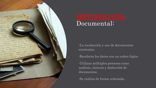 METODOLOGÍA
Documental:
•La recolección y uso de documentos
existentes.
•Recolecta los datos con un orden lógico
•Utilizas...