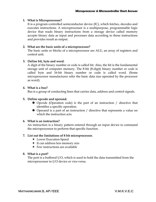 Microprocessor & Microcontoller short questions with answers PDF