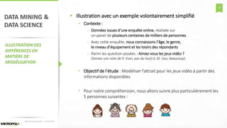 29
DATA MINING &
DATA SCIENCE
ILLUSTRATION DES
DIFFÉRENCES EN
MATIÈRE DE
MODÉLISATION
 Illustration avec un exemple volontairement simplifié
• Contexte :
o Données issues d’une enquête online, réalisée sur
un panel de plusieurs centaines de milliers de personnes.
o Avec cette enquête, nous connaissons l’âge, le genre,
le niveau d’équipement et les loisirs des répondants
o Parmi les question posées : Aimez-vous les jeux vidéo ?
Donnez une note de 0 (non, pas du tout) à 10 (oui, beaucoup).
• Objectif de l’étude : Modéliser l’attrait pour les jeux vidéo à partir des
informations disponibles
• Pour notre compréhension, nous allons suivre plus particulièrement les
5 personnes suivantes :
Matinée Découverte – 24-01-2017
 