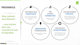4
PREAMBULE
Nous sommes
tous d’accord …
… nous entrons
dans une
nouvelle ère avec
les big datas
INNOVATION
PERMANENTE
Google glasses/car, iWatch,
3D printing, …
VIE
HYPER
CONNECTÉE
4 à 6 heures par jour
web + mobile
LES MACHINES
PARLENT
Internet of (every)Things
… 20 à 50 milliards d’objets
connectés d’ici 2020
INFORMATION
CONSTANTE
60s = 4mio Google queries,
2.5mio nouveaux contenus
Facebook, …
NOUVEAUX
ECOSYSTEMES
Co-conception avec les
clients / utilisateurs, start-
ups, social networks, …
Matinée Découverte – 24-01-2017
 