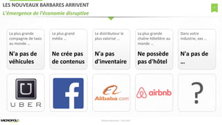 6
LES NOUVEAUX BARBARES ARRIVENT
L'émergence de l'économie disruptive
Matinée Découverte – 24-01-2017
La plus grande
compagnie de taxis
au monde …
N'a pas de
véhicules
Le plus grand
média …
Ne crée pas
de contenus
Le distributeur le
plus valorisé …
N'a pas
d'inventaire
La plus grande
chaîne hôtelière au
monde …
Ne possède
pas d'hôtel
Dans votre
industrie, xxx …
N'a pas de
…
?
 
