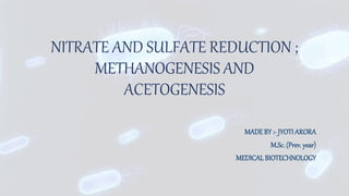 NITRATE AND SULFATE REDUCTION ;
METHANOGENESIS AND
ACETOGENESIS
MADEBY :- JYOTI ARORA
M.Sc. (Prev. year)
MEDICALBIOTECHNOLOGY
 