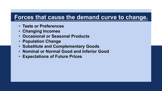 Forces that cause the demand curve to change.
• Taste or Preferences
• Changing Incomes
• Occasional or Seasonal Products
• Population Change
• Substitute and Complementary Goods
• Nominal or Normal Good and Inferior Good
• Expectations of Future Prices
 