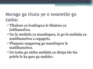 Morago ga thuto ye o swanetše go
tseba:
Tlhaloso ya leadingwa le tlhaloso ya
leitlhamelwa.
Go fa mehlala ya maadingwa, le go fa mehlala ya
maitlhamelwa a segagešo.
Phapano magareng ga maadingwa le
maitlhamelwa.
Go tseba go ntšha mehlala ya diripa tše tša
polelo le ka gare ga mafoko.
 