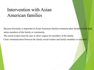 Because hierarchy is important to Asian American families treatment plan should include high
status members of the family or community
The social worker must be sure to show respect for members of the family
Clear communication between the family social worker and family members is essential
Intervention with Asian
American families
 