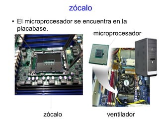 zócalo 
● El microprocesador se encuentra en la 
placabase. 
zócalo 
microprocesador 
ventilador 
 