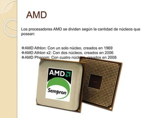 AMD
Los procesadores AMD se dividen según la cantidad de núcleos que
posean:
AMD Athlon: Con un solo núcleo, creados en 1969
AMD Athlon x2: Con dos núcleos, creados en 2006
AMD Phenom: Con cuatro núcleos, creados en 2008
 