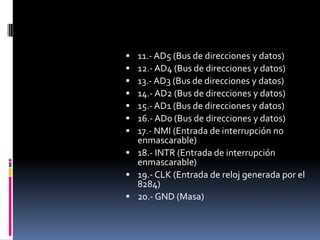 11.- AD5 (Bus de direcciones y datos)12.- AD4 (Bus de direcciones y datos)13.- AD3 (Bus de direcciones y datos)14.- AD2 (Bus de direcciones y datos)15.- AD1 (Bus de direcciones y datos)16.- AD0 (Bus de direcciones y datos)17.- NMI (Entrada de interrupción no enmascarable)18.- INTR (Entrada de interrupción enmascarable)19.- CLK (Entrada de reloj generada por el 8284)20.- GND (Masa)