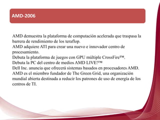 AMD-2006
AMD demuestra la plataforma de computación acelerada que traspasa la
barrera de rendimiento de los teraflop.
AMD adquiere ATI para crear una nuevo e innovador centro de
procesamiento.
Debuta la plataforma de juegos con GPU múltiple CrossFire™.
Debuta la PC del centro de medios AMD LIVE!™
Dell Inc. anuncia que ofrecerá sistemas basados en procesadores AMD.
AMD es el miembro fundador de The Green Grid, una organización
mundial abierta destinada a reducir los patrones de uso de energía de los
centros de TI.
 