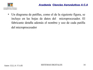 Academia Ciencias Aeronáuticas A.C.A


    • Un diagrama de patillas, como el de la siguiente figura, se
      incluye en las hojas de datos del microprocesador. El
      fabricante detalla además el nombre y uso de cada patilla
        del microprocesador




Autor: J.LL.A / F.A.R          SISTEMAS DIGITALES              18
 