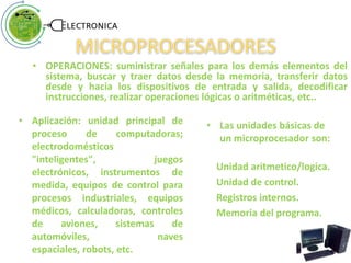 • OPERACIONES: suministrar señales para los demás elementos del
sistema, buscar y traer datos desde la memoria, transferir datos
desde y hacia los dispositivos de entrada y salida, decodificar
instrucciones, realizar operaciones lógicas o aritméticas, etc..
• Aplicación: unidad principal de
proceso de computadoras;
electrodomésticos
"inteligentes", juegos
electrónicos, instrumentos de
medida, equipos de control para
procesos industriales, equipos
médicos, calculadoras, controles
de aviones, sistemas de
automóviles, naves
espaciales, robots, etc.
• Las unidades básicas de
un microprocesador son:
Unidad aritmetico/logica.
Unidad de control.
Registros internos.
Memoria del programa.
 