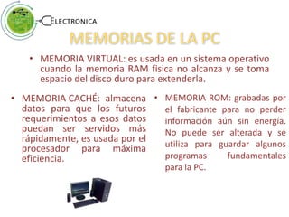 • MEMORIA VIRTUAL: es usada en un sistema operativo
cuando la memoria RAM fisica no alcanza y se toma
espacio del disco duro para extenderla.
• MEMORIA CACHÉ: almacena
datos para que los futuros
requerimientos a esos datos
puedan ser servidos más
rápidamente, es usada por el
procesador para máxima
eficiencia.
• MEMORIA ROM: grabadas por
el fabricante para no perder
información aún sin energía.
No puede ser alterada y se
utiliza para guardar algunos
programas fundamentales
para la PC.
 