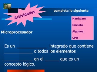 Actividades completa lo siguiente Microprocesador Es un _____________  integrado que contiene ____________ o todos los elementos ____________ en el ______ que es un concepto lógico. Hardware Circuito Algunos CPU 