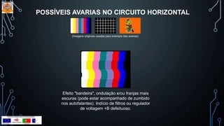 POSSÍVEIS AVARIAS NO CIRCUITO HORIZONTAL
(Imagens originais usadas para exemplo das avarias)
Efeito "bandeira", ondulação e/ou franjas mais
escuras (pode estar acompanhado de zumbido
nos autofalantes). Indício de filtros ou regulador
de voltagem +B defeituoso.
 