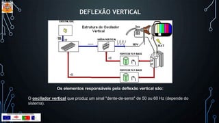 DEFLEXÃO VERTICAL
Os elementos responsáveis pela deflexão vertical são:
O oscilador vertical que produz um sinal "dente-de-serra" de 50 ou 60 Hz (depende do
sistema).
 