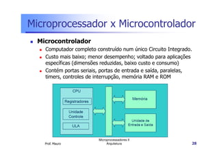 Microprocessador x Microcontrolador
Microcontrolador
Computador completo construído num único Circuito Integrado.
Custo mais baixo; menor desempenho; voltado para aplicações
específicas (dimensões reduzidas, baixo custo e consumo)
Contém portas seriais, portas de entrada e saída, paralelas,
timers, controles de interrupção, memória RAM e ROM
Prof. Mauro
Microprocessadores II
Arquitetura 28
timers, controles de interrupção, memória RAM e ROM
 