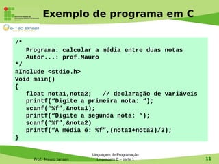 Prof. Mauro Jansen
Exemplo de programa em C
Linguagem de Programação
Linguagem C – parte 1 11
/*
Programa: calcular a média entre duas notas
Autor...: prof.Mauro
*/
#Include <stdio.h>
Void main()
{
float nota1,nota2; // declaração de variáveis
printf(“Digite a primeira nota: “);
scanf(“%f”,&nota1);
printf(“Digite a segunda nota: “);
scanf(“%f”,&nota2)
printf(“A média é: %f”,(nota1+nota2)/2);
}
 