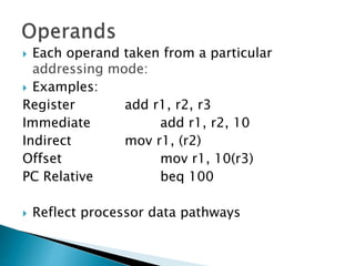 Each operand taken from a particular
addressing mode:
 Examples:
Register
add r1, r2, r3
Immediate
add r1, r2, 10
Indirect
mov r1, (r2)
Offset
mov r1, 10(r3)
PC Relative
beq 100




Reflect processor data pathways

 
