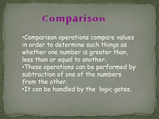 •Comparison operations compare values
in order to determine such things as
whether one number is greater than,
less than or equal to another.
•These operations can be performed by
subtraction of one of the numbers
from the other.
•It can be handled by the logic gates.
 