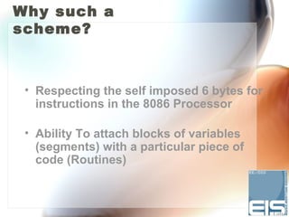 Why such a
scheme?



 • Respecting the self imposed 6 bytes for
   instructions in the 8086 Processor

 • Ability To attach blocks of variables
   (segments) with a particular piece of
   code (Routines)
 