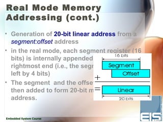 Real Mode Memory
Addressing (cont.)
• Generation of 20-bit linear address from a
  segment:offset address
• in the real mode, each segment register (16
  bits) is internally appended with a 0h on its
  rightmost end (i.e., the segment is shifted
  left by 4 bits)
• The segment and the offset are
  then added to form 20-bit memory
  address.


Embedded System Course
 