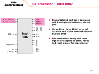 Co-processor – Intel 8087
124
8086
Microprocessor
16 multiplexed address / data pins
and 4 multiplexed address / status
pins
Hence it can have 16-bit external
data bus and 20-bit external address
bus like 8086
Processor clock, ready and reset
signals are applied as clock, ready
and reset signals for coprocessor
 