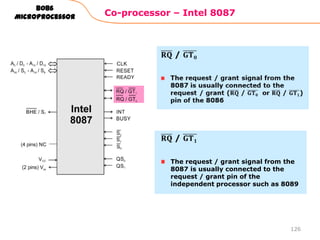 Co-processor – Intel 8087
126
8086
Microprocessor
The request / grant signal from the
8087 is usually connected to the
request / grant pin of the
independent processor such as 8089
 