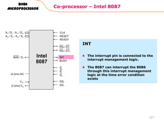 Co-processor – Intel 8087
127
8086
Microprocessor
The interrupt pin is connected to the
interrupt management logic.
The 8087 can interrupt the 8086
through this interrupt management
logic at the time error condition
exists
INT
 
