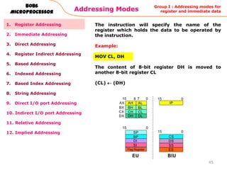 Addressing Modes
45
8086
Microprocessor
1. Register Addressing
2. Immediate Addressing
3. Direct Addressing
4. Register Indirect Addressing
5. Based Addressing
6. Indexed Addressing
7. Based Index Addressing
8. String Addressing
9. Direct I/O port Addressing
10. Indirect I/O port Addressing
11. Relative Addressing
12. Implied Addressing
The instruction will specify the name of the
register which holds the data to be operated by
the instruction.
Example:
MOV CL, DH
The content of 8-bit register DH is moved to
another 8-bit register CL
(CL) (DH)
Group I : Addressing modes for
register and immediate data
 