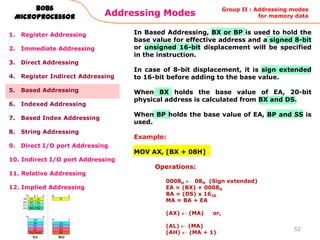 Addressing Modes
52
8086
Microprocessor
1. Register Addressing
2. Immediate Addressing
3. Direct Addressing
4. Register Indirect Addressing
5. Based Addressing
6. Indexed Addressing
7. Based Index Addressing
8. String Addressing
9. Direct I/O port Addressing
10. Indirect I/O port Addressing
11. Relative Addressing
12. Implied Addressing
In Based Addressing, BX or BP is used to hold the
base value for effective address and a signed 8-bit
or unsigned 16-bit displacement will be specified
in the instruction.
In case of 8-bit displacement, it is sign extended
to 16-bit before adding to the base value.
When BX holds the base value of EA, 20-bit
physical address is calculated from BX and DS.
When BP holds the base value of EA, BP and SS is
used.
Example:
MOV AX, [BX + 08H]
Operations:
0008H 08H (Sign extended)
EA = (BX) + 0008H
BA = (DS) x 1610
MA = BA + EA
(AX) (MA) or,
(AL) (MA)
(AH) (MA + 1)
Group II : Addressing modes
for memory data
 