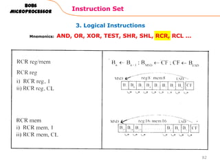 3. Logical Instructions
Instruction Set
82
8086
Microprocessor
Mnemonics: AND, OR, XOR, TEST, SHR, SHL, RCR, RCL …
 