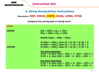 4. String Manipulation Instructions
Instruction Set
87
8086
Microprocessor
Mnemonics: REP, MOVS, CMPS, SCAS, LODS, STOS
CMPS
CMPSB
CMPSW
MA = (DS) x 1610 + (SI)
MAE = (ES) x 1610 + (DI)
Modify flags (MA) - (MAE)
If (MA) > (MAE), then CF = 0; ZF = 0; SF = 0
If (MA) < (MAE), then CF = 1; ZF = 0; SF = 1
If (MA) = (MAE), then CF = 0; ZF = 1; SF = 0
For byte operation
If DF = 0, then (DI) (DI) + 1; (SI) (SI) + 1
If DF = 1, then (DI) (DI) - 1; (SI) (SI) - 1
For word operation
If DF = 0, then (DI) (DI) + 2; (SI) (SI) + 2
If DF = 1, then (DI) (DI) - 2; (SI) (SI) - 2
Compare two string byte or string word
 