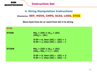 4. String Manipulation Instructions
Instruction Set
90
8086
Microprocessor
Mnemonics: REP, MOVS, CMPS, SCAS, LODS, STOS
STOS
STOSB
STOSW
MAE = (ES) x 1610 + (DI)
(MAE) (AL)
If DF = 0, then (DI) (DI) + 1
If DF = 1, then (DI) (DI) – 1
MAE = (ES) x 1610 + (DI)
(MAE ; MAE + 1 ) (AX)
If DF = 0, then (DI) (DI) + 2
If DF = 1, then (DI) (DI) – 2
Store byte from AL or word from AX in to string
 