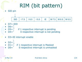 RIM (bit pattern)
• SID pin

SID

•
•
•
•

I 7.5

I 6.5

I 5.5

IE

M 7.5

M 6.5

M 5.5

D7= SID
D6=
D5=
if 1 respective interrupt is pending
D4=
0 respective interrupt is not pending

• D3=IE interrupt enable
• D2=
• D1=
• D0=

5-Mar-14

if 1 respective interrupt is Masked
0 respective interrupt is unmasked

Prof.Nitin Ahire

134

 