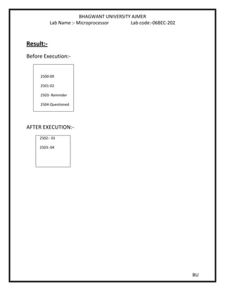 BHAGWANT UNIVERSITY AJMER
Lab Name :- Microprocessor Lab code:-06BEC-202
BU
Result:-
Before Execution:-
2500-09
2501-02
2503- Reminder
2504-Questioned
AFTER EXECUTION:-
2502:- 01
2503:-04
 
