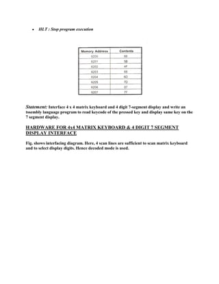  HLT : Stop program execution 
Statement: Interface 4 x 4 matrix keyboard and 4 digit 7-segment display and write an 
tssembly language program to read keycode of the pressed key and display same key on the 
7 segment display. 
HARDWARE FOR 4x4 MATRIX KEYBOARD & 4 DIGIT 7 SEGMENT 
DISPLAY INTERFACE 
Fig. shows interfacing diagram. Here, 4 scan lines are sufficient to scan matrix keyboard 
and to select display digits. Hence decoded mode is used. 
 