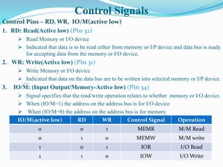 Control Signals
Control Pins – RD, WR, IO/M(active low)
1. RD: Read(Active low) (Pin 32)
 Read Memory or I/O device
 Indicated that data is to be read either from memory or I/P device and data bus is ready
for accepting data from the memory or I/O device.
2. WR: Write(Active low) (Pin 31)
 Write Memory or I/O device
 Indicated that data on the data bus are to be written into selected memory or I/P device.
3. IO/M: (Input Output/Memory-Active low) (Pin 34)
 Signal specifies that the read/write operation relates to whether memory or I/O device.
 When (IO/M=1) the address on the address bus is for I/O device
 When (IO/M=0) the address on the address bus is for memory
IO/M(active low) RD WR Control Signal Operation
0 0 1 MEMR M/M Read
0 1 0 MEMW M/M write
1 0 1 IOR I/O Read
1 1 0 IOW I/O Write
 