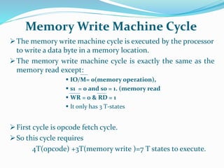 The memory write machine cycle is executed by the processor
to write a data byte in a memory location.
The memory write machine cycle is exactly the same as the
memory read except:
 IO/M= 0(memory operation),
 s1 = 0 and s0 = 1. (memory read
 WR = 0 & RD = 1
 It only has 3 T-states
First cycle is opcode fetch cycle.
So this cycle requires
4T(opcode) +3T(memory write )=7 T states to execute.
Memory Write Machine Cycle
 