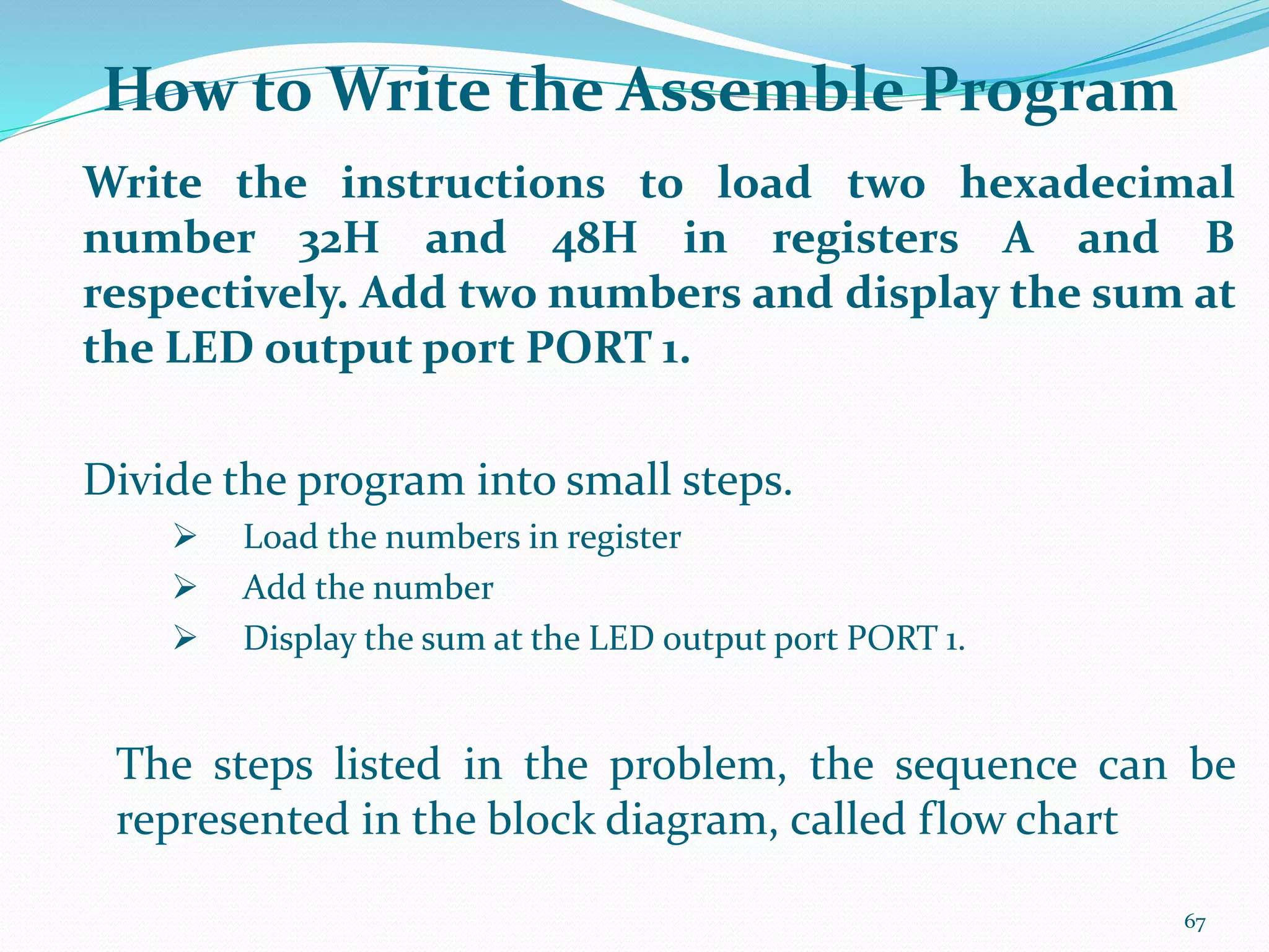 How to Write the Assemble Program
Write the instructions to load two hexadecimal
number 32H and 48H in registers A and B
respectively. Add two numbers and display the sum at
the LED output port PORT 1.
Divide the program into small steps.
 Load the numbers in register
 Add the number
 Display the sum at the LED output port PORT 1.
The steps listed in the problem, the sequence can be
represented in the block diagram, called flow chart
67
 