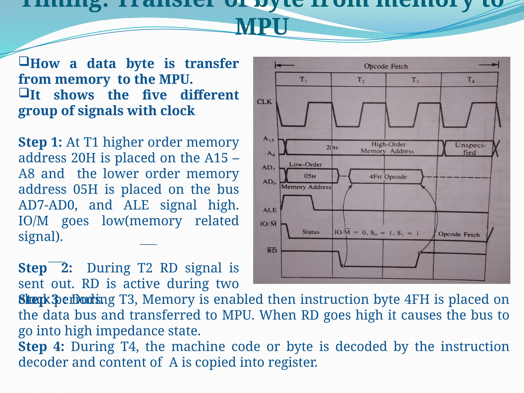 Timing: Transfer of byte from memory to
MPU
How a data byte is transfer
from memory to the MPU.
It shows the five different
group of signals with clock
Step 1: At T1 higher order memory
address 20H is placed on the A15 –
A8 and the lower order memory
address 05H is placed on the bus
AD7-AD0, and ALE signal high.
IO/M goes low(memory related
signal).
Step 2: During T2 RD signal is
sent out. RD is active during two
clock periods.
Step 3 : During T3, Memory is enabled then instruction byte 4FH is placed on
the data bus and transferred to MPU. When RD goes high it causes the bus to
go into high impedance state.
Step 4: During T4, the machine code or byte is decoded by the instruction
decoder and content of A is copied into register.
 