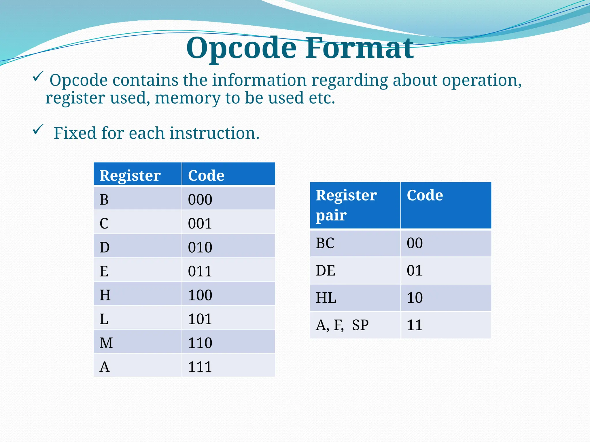Opcode Format
 Opcode contains the information regarding about operation,
register used, memory to be used etc.
 Fixed for each instruction.
Register
pair
Code
BC 00
DE 01
HL 10
A, F, SP 11
Register Code
B 000
C 001
D 010
E 011
H 100
L 101
M 110
A 111
 